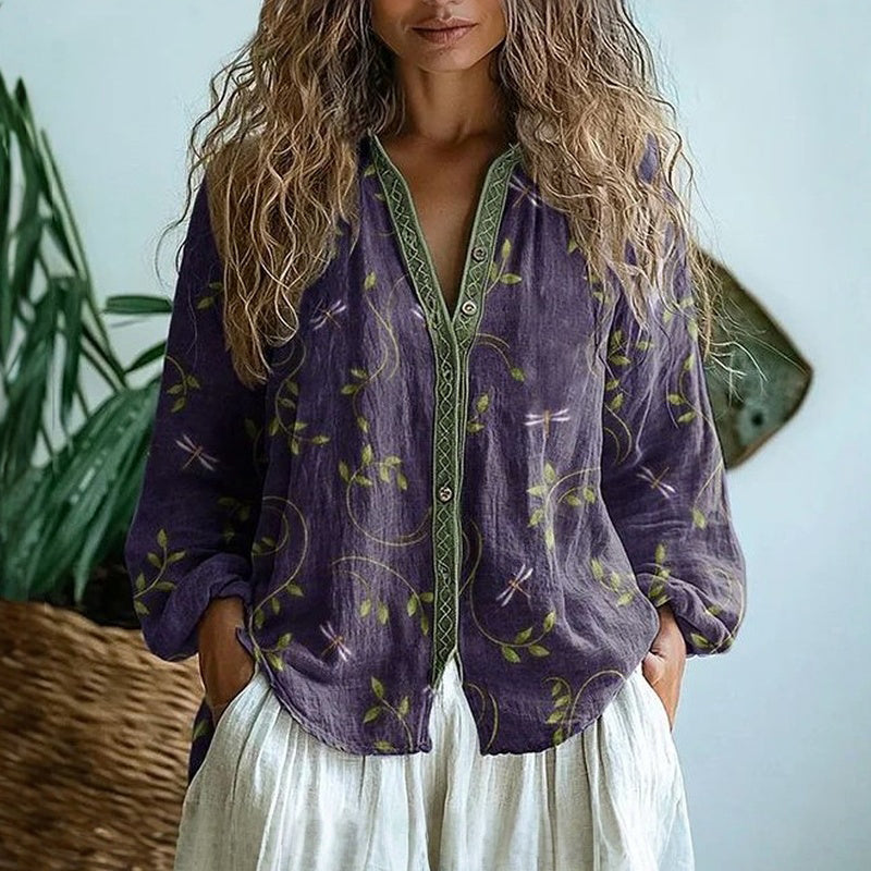Sophia | Vintage bluse med bladprint – Tidløs elegance til enhver lejlighed
